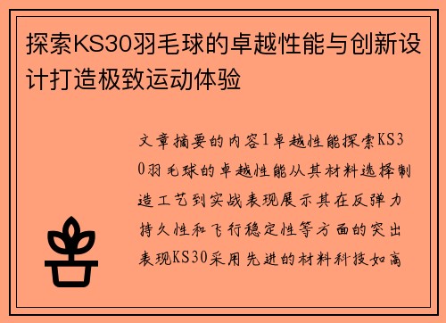 探索KS30羽毛球的卓越性能与创新设计打造极致运动体验